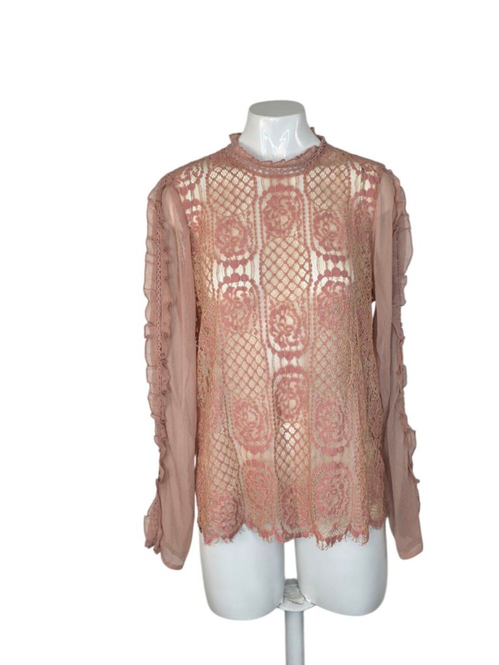 River Island Sheer Lace Overlay Long Sleeve Blouse, Pink, Romantic, Feminine, 8